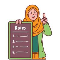 Cartoon illustration of a Muslim woman in a hijab explaining a list of rules vector