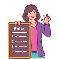 Cartoon illustration of a woman explaining a list of rules vector