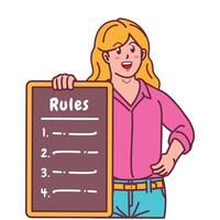 Cartoon illustration of a woman explaining a list of rules vector