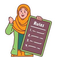 Cartoon illustration of a Muslim woman in a hijab explaining a list of rules vector