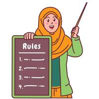 Cartoon illustration of a Muslim woman in a hijab explaining a list of rules vector