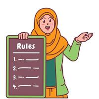 Cartoon illustration of a Muslim woman in a hijab explaining a list of rules vector