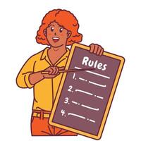 Cartoon illustration of a black woman explaining a list of rules vector