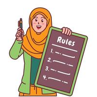 Cartoon illustration of a Muslim woman in a hijab explaining a list of rules vector
