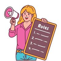 Cartoon illustration of a woman explaining a list of rules and holding a megaphone vector