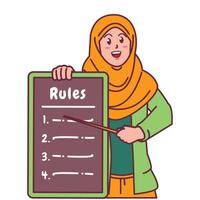 Cartoon illustration of a Muslim woman in a hijab explaining a list of rules vector