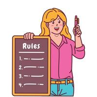 Cartoon illustration of a woman explaining a list of rules vector
