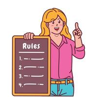 Cartoon illustration of a woman explaining a list of rules vector