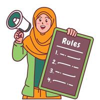 Cartoon illustration of a Muslim woman in a hijab explaining a list of rules and holding a megaphone vector