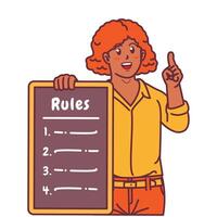 Cartoon illustration of a black woman explaining a list of rules vector