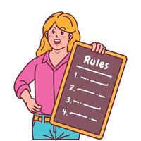 Cartoon illustration of a woman explaining a list of rules vector