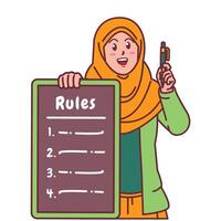 Cartoon illustration of a Muslim woman in a hijab explaining a list of rules vector