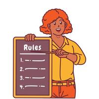 Cartoon illustration of a black woman explaining a list of rules vector