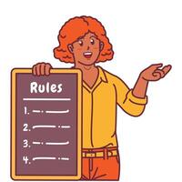 Cartoon illustration of a black woman explaining a list of rules vector