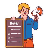 Cartoon illustration of a man explaining a list of rules and holding a megaphone vector