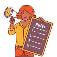 Cartoon illustration of a black woman explaining a list of rules and holding a megaphone vector