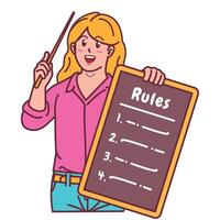 Cartoon illustration of a woman explaining a list of rules vector
