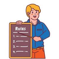 Cartoon illustration of a man explaining a list of rules vector