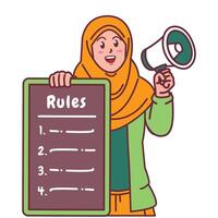 Cartoon illustration of a Muslim woman in a hijab explaining a list of rules and holding a megaphone vector