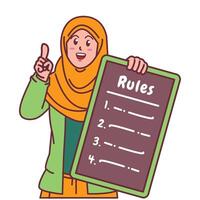 Cartoon illustration of a Muslim woman in a hijab explaining a list of rules vector