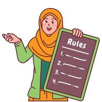 Cartoon illustration of a Muslim woman in a hijab explaining a list of rules vector