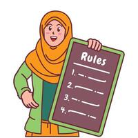 Cartoon illustration of a Muslim woman in a hijab explaining a list of rules vector