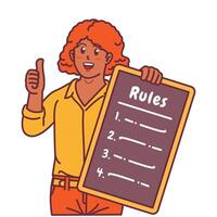 Cartoon illustration of a black woman explaining a list of rules vector