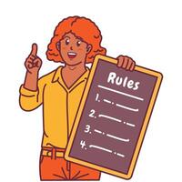 Cartoon illustration of a black woman explaining a list of rules vector