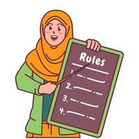 Cartoon illustration of a Muslim woman in a hijab explaining a list of rules vector