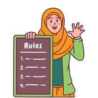 Cartoon illustration of a Muslim woman in a hijab explaining a list of rules vector
