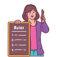 Cartoon illustration of a woman explaining a list of rules vector