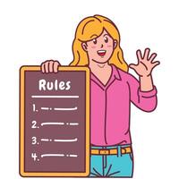 Cartoon illustration of a woman explaining a list of rules vector
