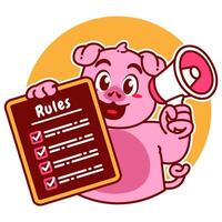 Illustration of Cute Pig Cartoon Character Holding a Checklist or list of rules and a megaphone vector