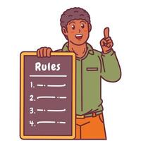Cartoon illustration of a black man explaining a list of rules vector
