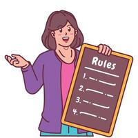 Cartoon illustration of a woman explaining a list of rules vector
