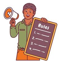 Cartoon illustration of a black man explaining a list of rules and holding a megaphone vector