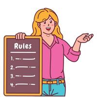 Cartoon illustration of a woman explaining a list of rules vector