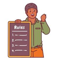 Cartoon illustration of a black man explaining a list of rules vector