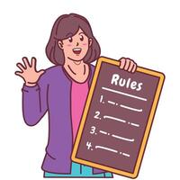 Cartoon illustration of a woman explaining a list of rules vector