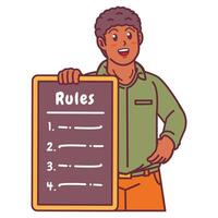 Cartoon illustration of a black man explaining a list of rules vector