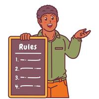 Cartoon illustration of a black man explaining a list of rules vector