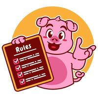 Illustration of Cute Pig Cartoon Character Holding a Checklist or list of rules vector
