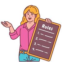 Cartoon illustration of a woman explaining a list of rules vector