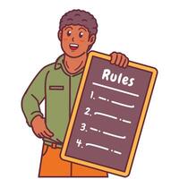 Cartoon illustration of a black man explaining a list of rules vector