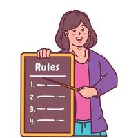 Cartoon illustration of a woman explaining a list of rules vector