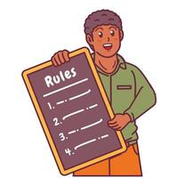 Cartoon illustration of a black man explaining a list of rules vector