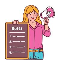 Cartoon illustration of a woman explaining a list of rules and holding a megaphone vector