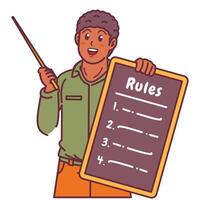 Cartoon illustration of a black man explaining a list of rules vector