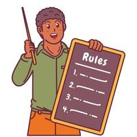 Cartoon illustration of a black man explaining a list of rules vector