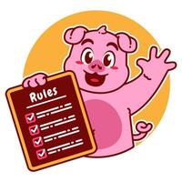 Illustration of Cute Pig Cartoon Character Holding a Checklist or list of rules vector